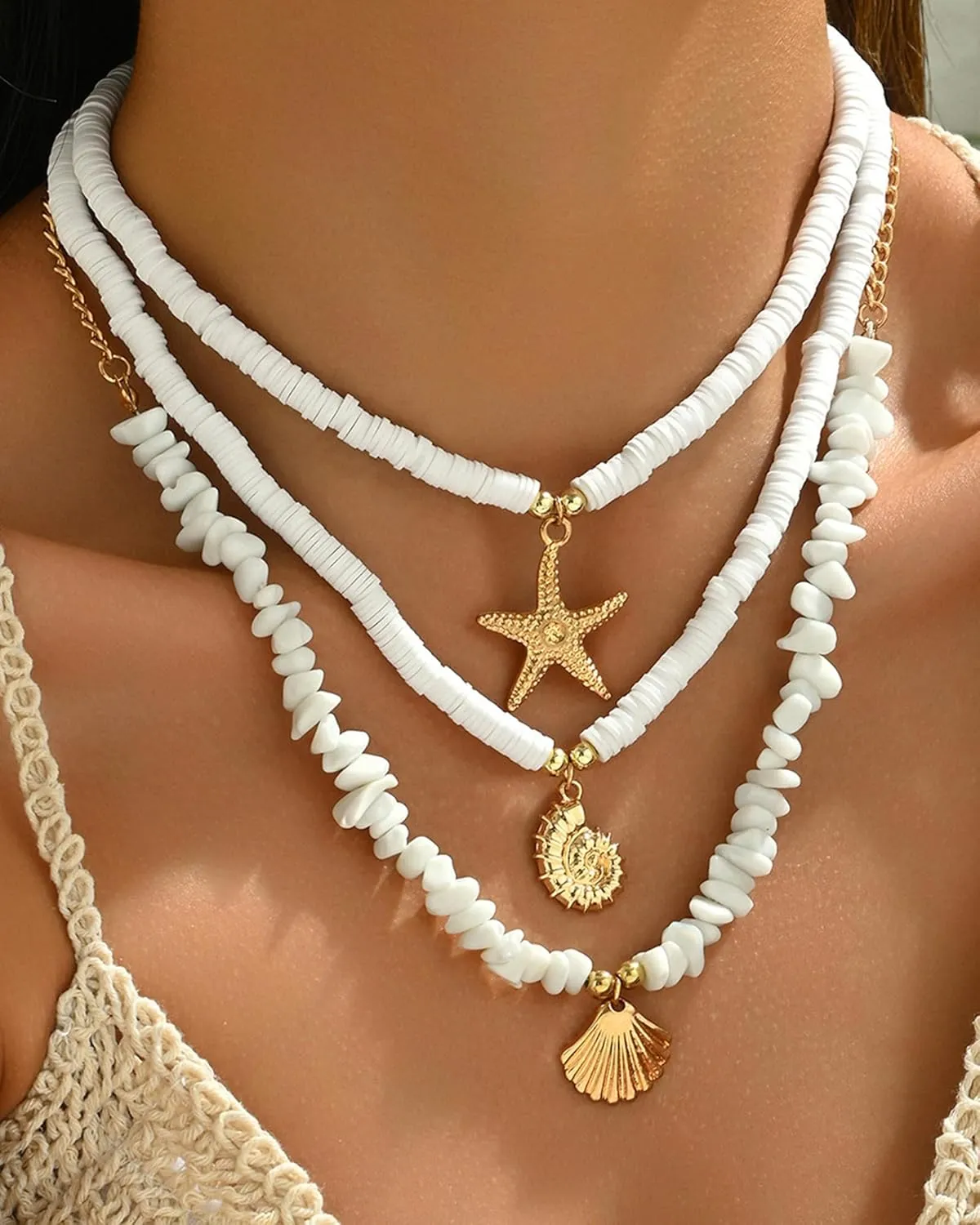 Layered Puka Shell Necklaces for Women Gold Starfish Conch Scallop Cowrie Shell Pendant Necklaces Natural Colorful Boho Seashell Choker Summer Beach Ocean Jewelry Accessory for Her