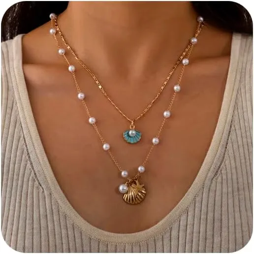 Layered Shell Necklaces Bohemian Pearl Starfish Seashell Pendant Necklace for Women Scallop Choker Necklace Summer Beach Jewelry Gift