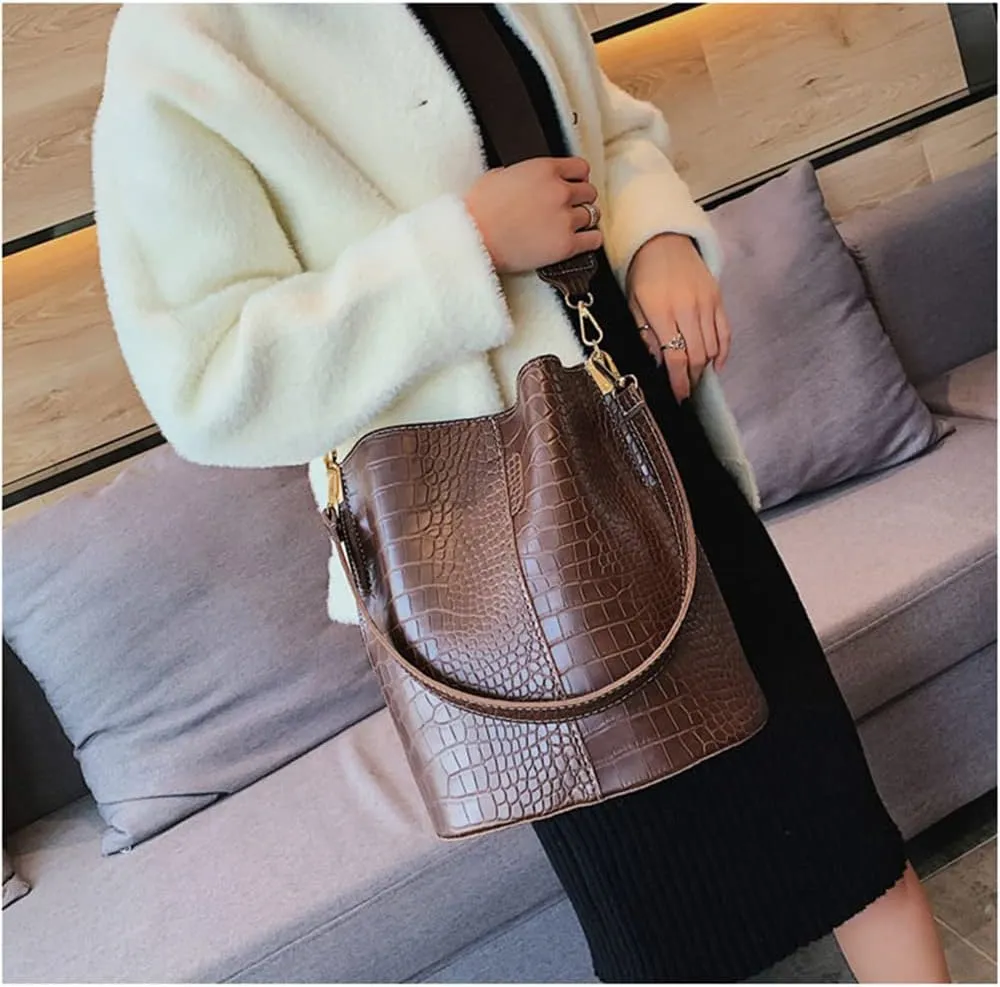 Leather Bucket Bag Crossbody Bag for Women Fashion Classic Crocodile Pattern Large Shoulder Bag Handbag Purses (Brown)