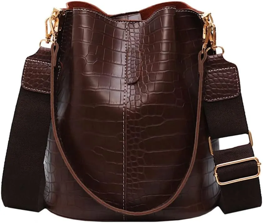 Leather Bucket Bag Crossbody Bag for Women Fashion Classic Crocodile Pattern Large Shoulder Bag Handbag Purses (Brown)