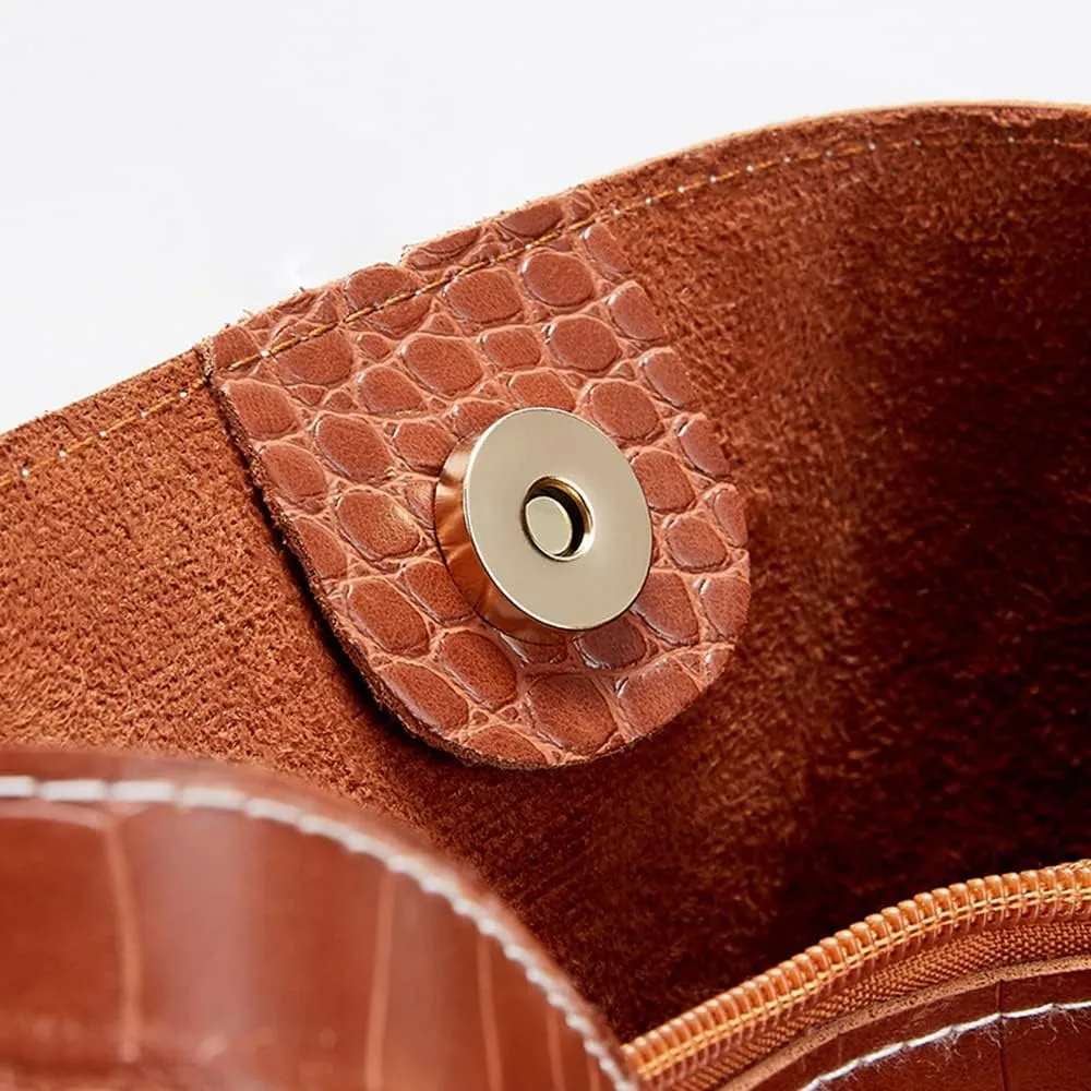Leather Bucket Bag Crossbody Bag for Women Fashion Classic Crocodile Pattern Large Shoulder Bag Handbag Purses (Brown)
