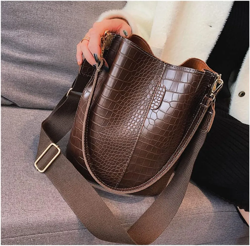 Leather Bucket Bag Crossbody Bag for Women Fashion Classic Crocodile Pattern Large Shoulder Bag Handbag Purses (Brown)