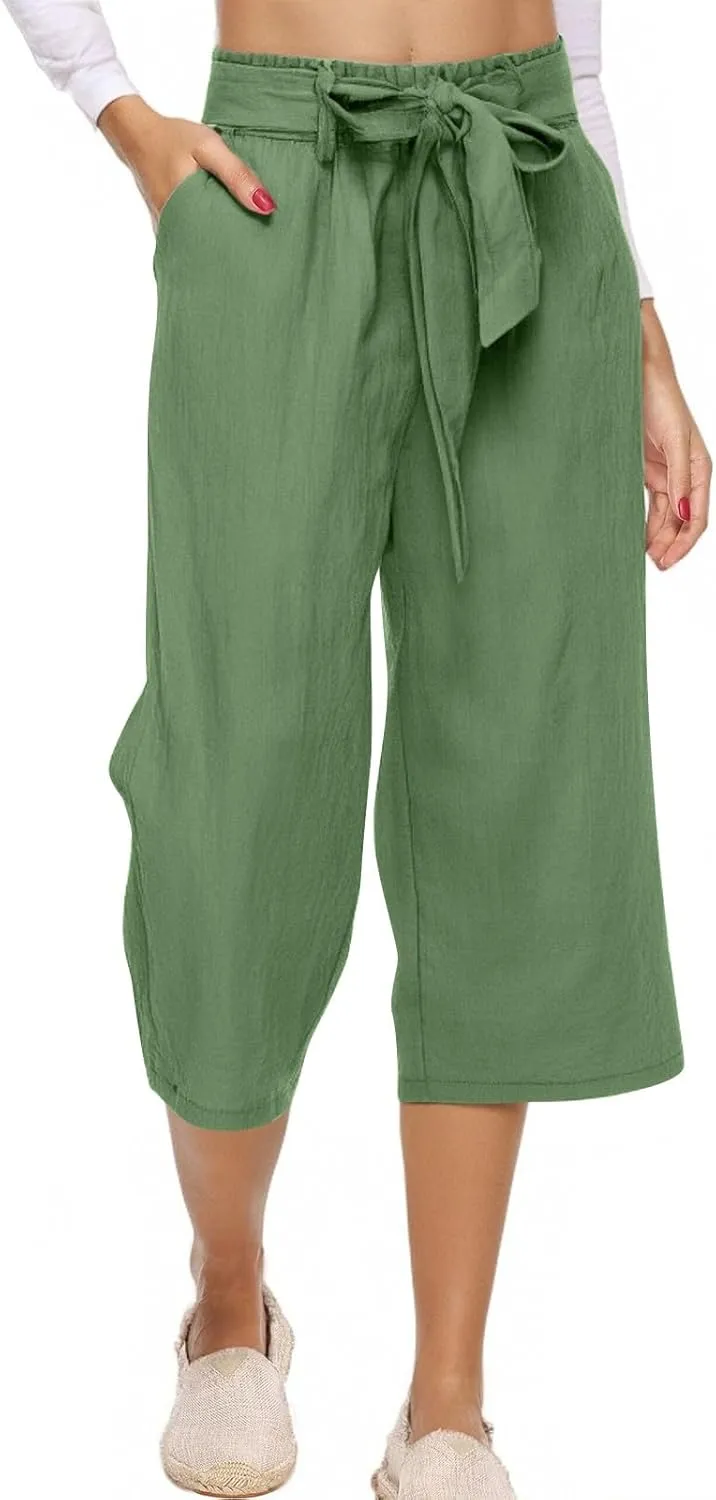 Linen Capri Pants for Women Belt Elastic Waist Plus Size Cropped Wide Leg Pants Loose Crop Beach Pants with Pockets