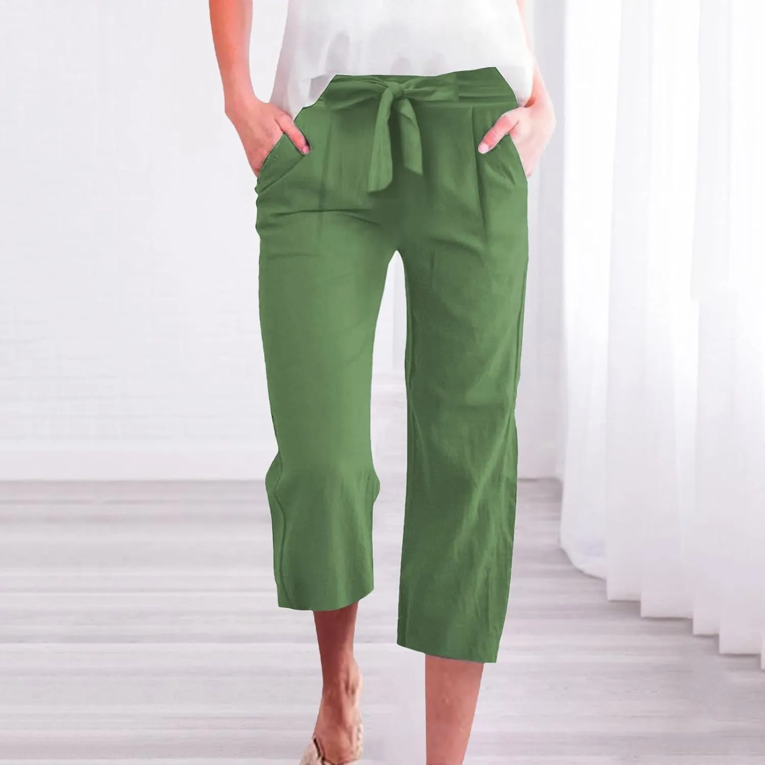 Linen Capri Pants for Women Belt Elastic Waist Plus Size Cropped Wide Leg Pants Loose Crop Beach Pants with Pockets