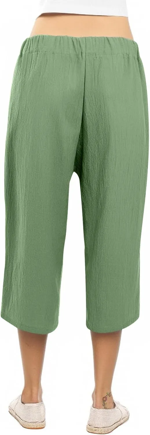 Linen Capri Pants for Women Belt Elastic Waist Plus Size Cropped Wide Leg Pants Loose Crop Beach Pants with Pockets