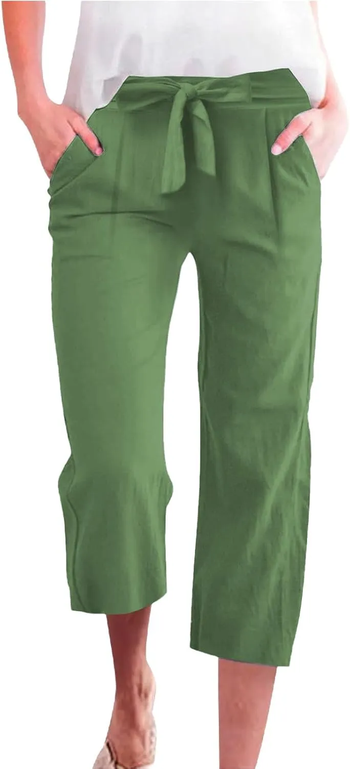 Linen Capri Pants for Women Belt Elastic Waist Plus Size Cropped Wide Leg Pants Loose Crop Beach Pants with Pockets