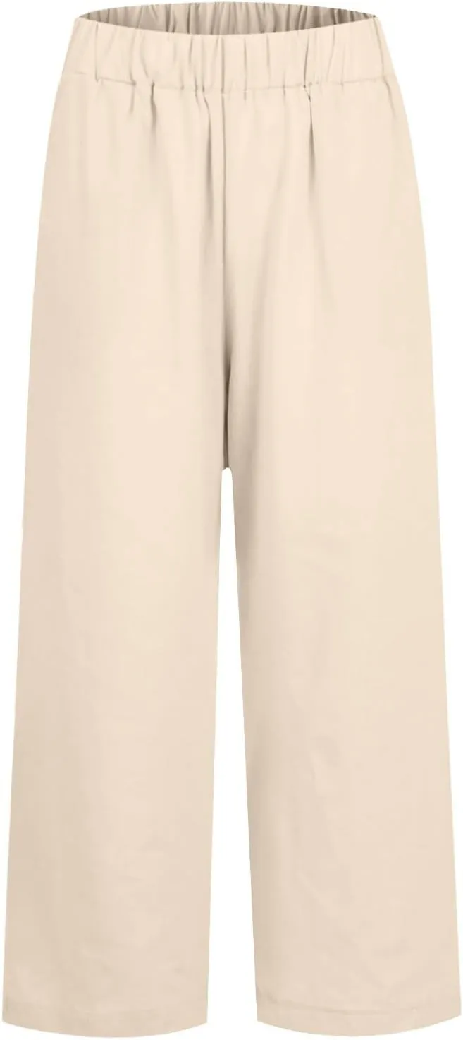 Linen Crop Pants for Women Summer Casual Straight Leg Trousers Loose fit Beach Vacation Capris Pants w Pocket