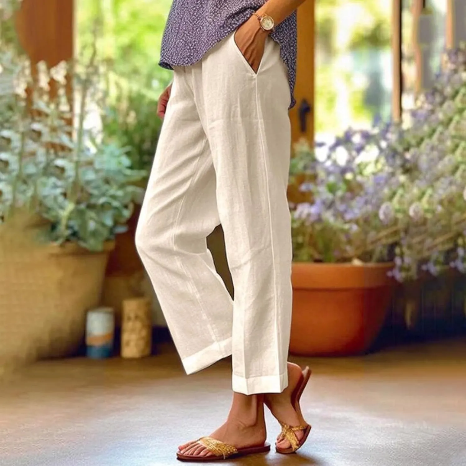Linen Crop Pants for Women Summer Casual Straight Leg Trousers Loose fit Beach Vacation Capris Pants w Pocket