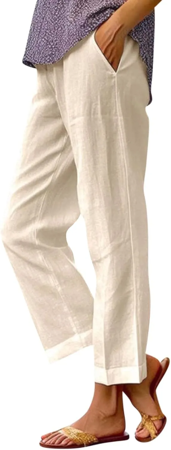 Linen Crop Pants for Women Summer Casual Straight Leg Trousers Loose fit Beach Vacation Capris Pants w Pocket