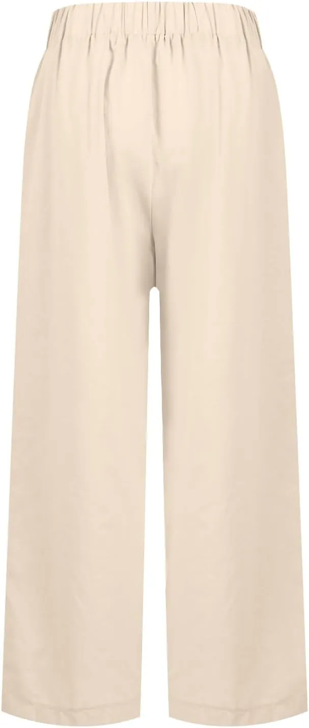 Linen Crop Pants for Women Summer Casual Straight Leg Trousers Loose fit Beach Vacation Capris Pants w Pocket