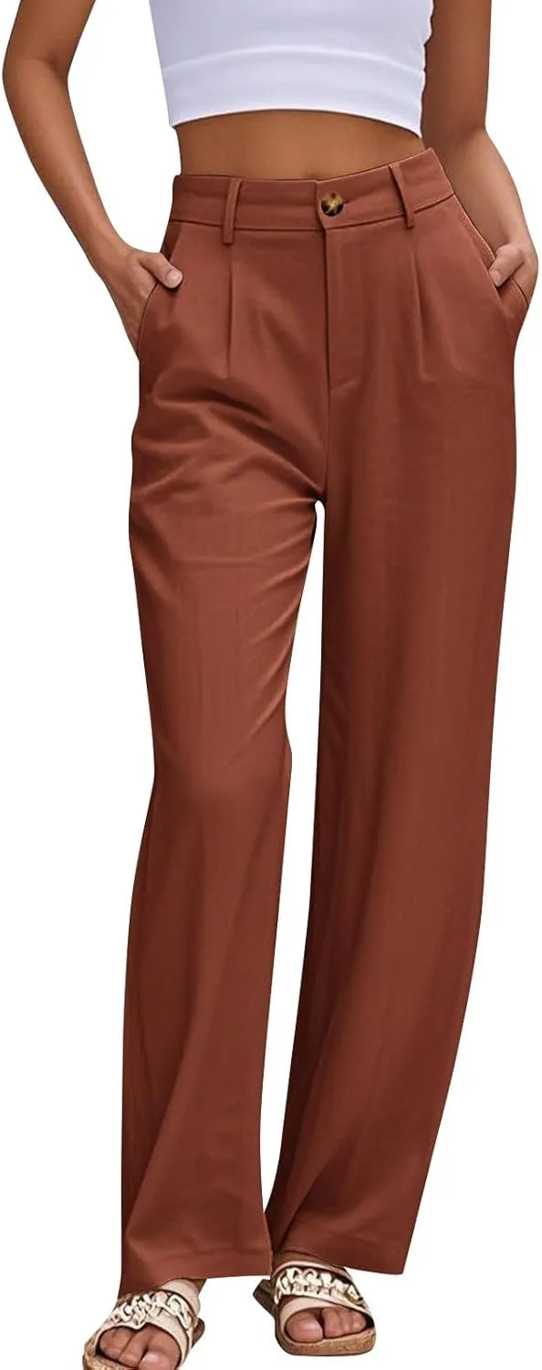 Linen Dress Pants Women Business Casual High Waited Wide Leg Pants with Pockets Slacks Office Work Palazzo Trousers