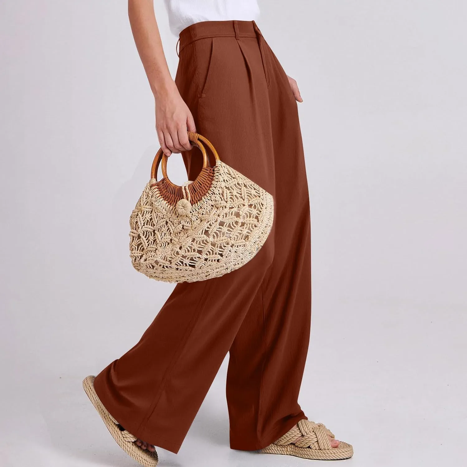 Linen Dress Pants Women Business Casual High Waited Wide Leg Pants with Pockets Slacks Office Work Palazzo Trousers