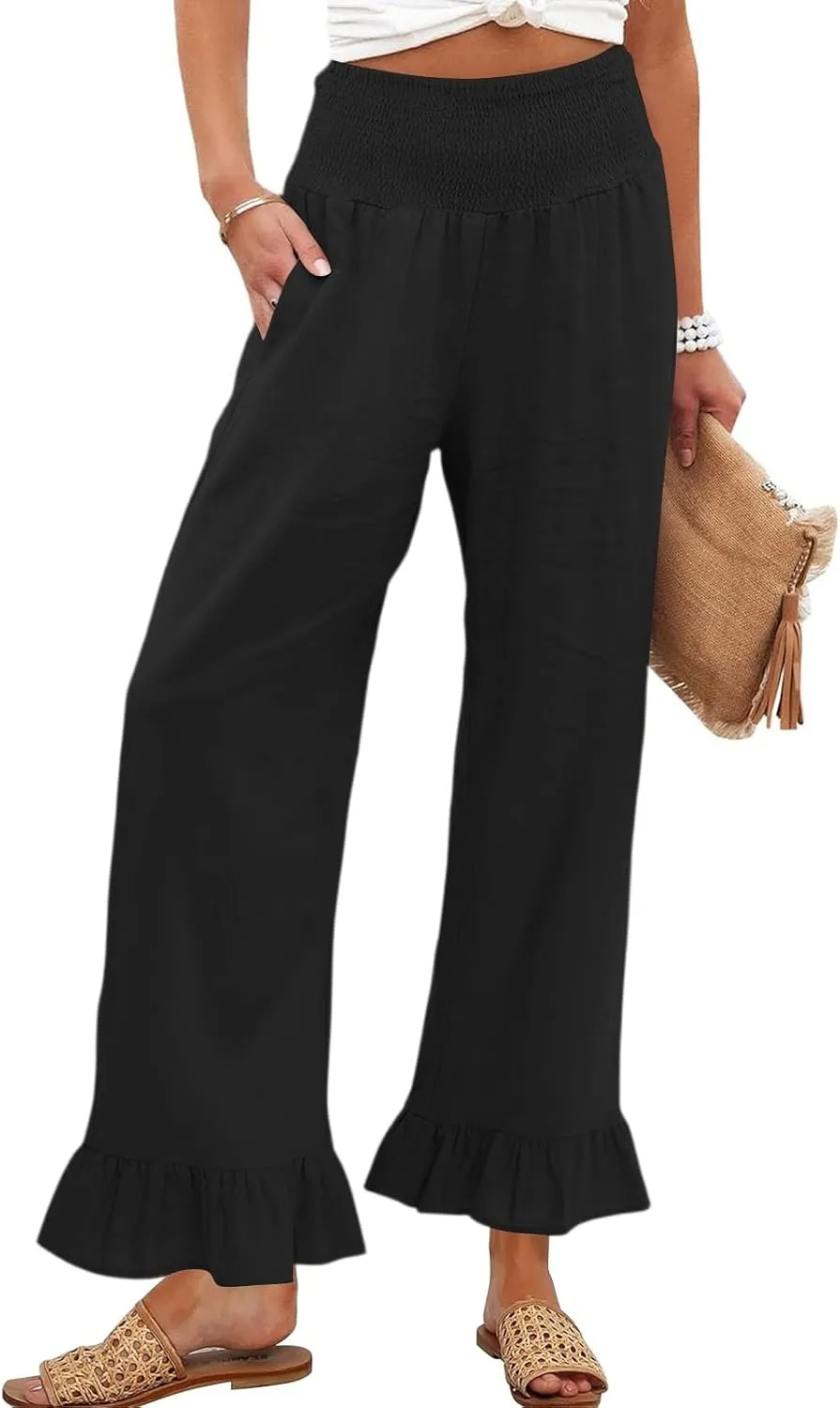 Linen Palazzo Pants for Women Casual Ruffle Hem Wide Leg Pants 2025 Pleated Waisted Summer Beach Trousers with Pockets