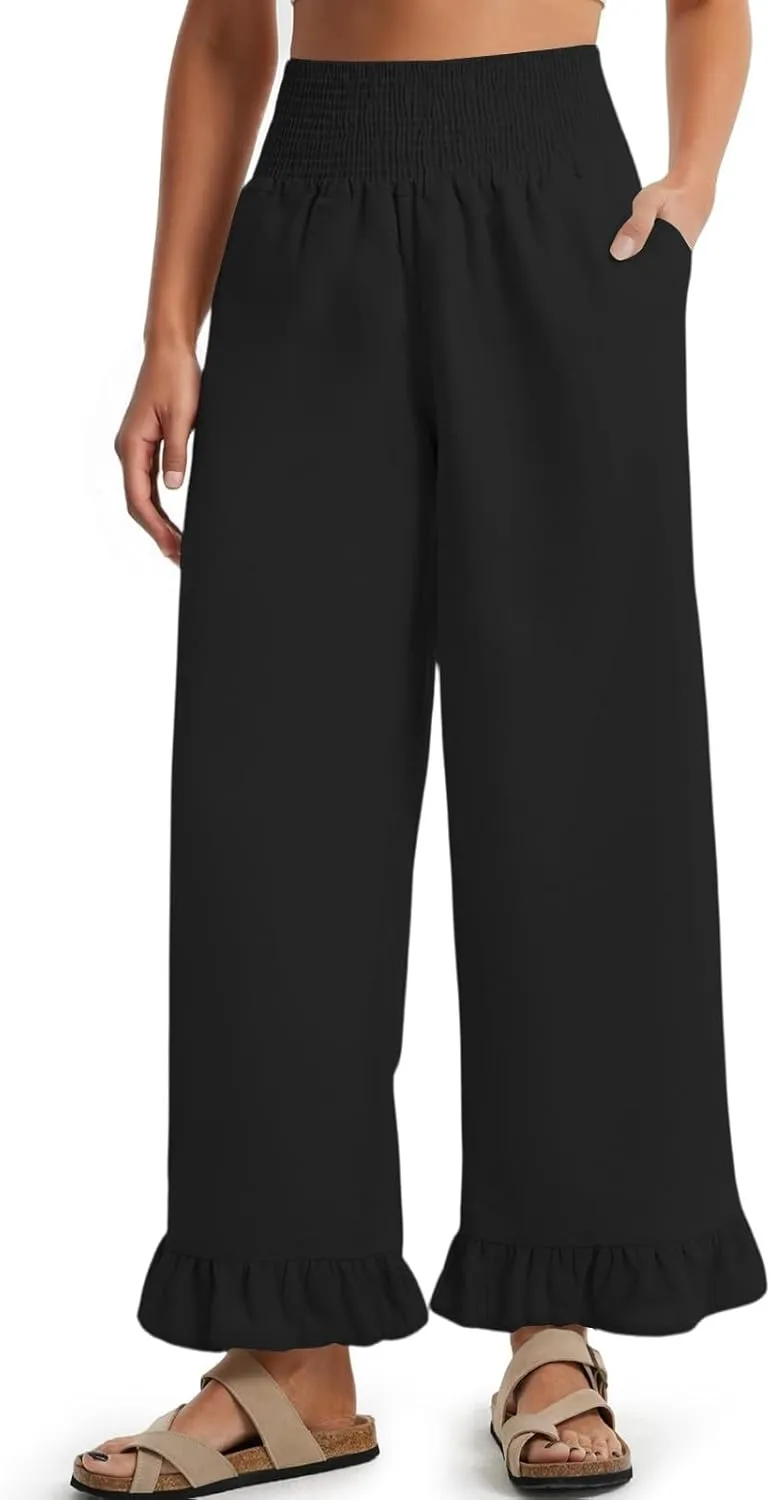 Linen Palazzo Pants for Women Casual Ruffle Hem Wide Leg Pants 2025 Pleated Waisted Summer Beach Trousers with Pockets