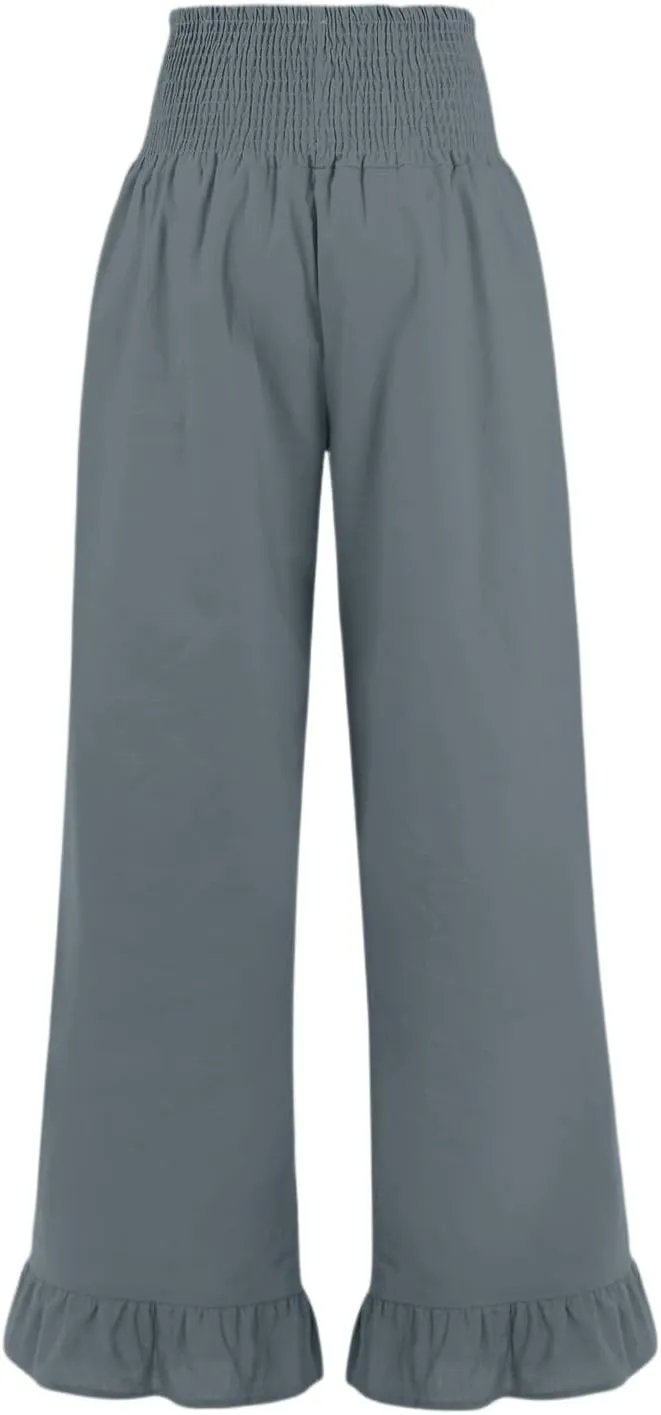 Linen Palazzo Pants for Women Casual Ruffle Hem Wide Leg Pants 2025 Pleated Waisted Summer Beach Trousers with Pockets