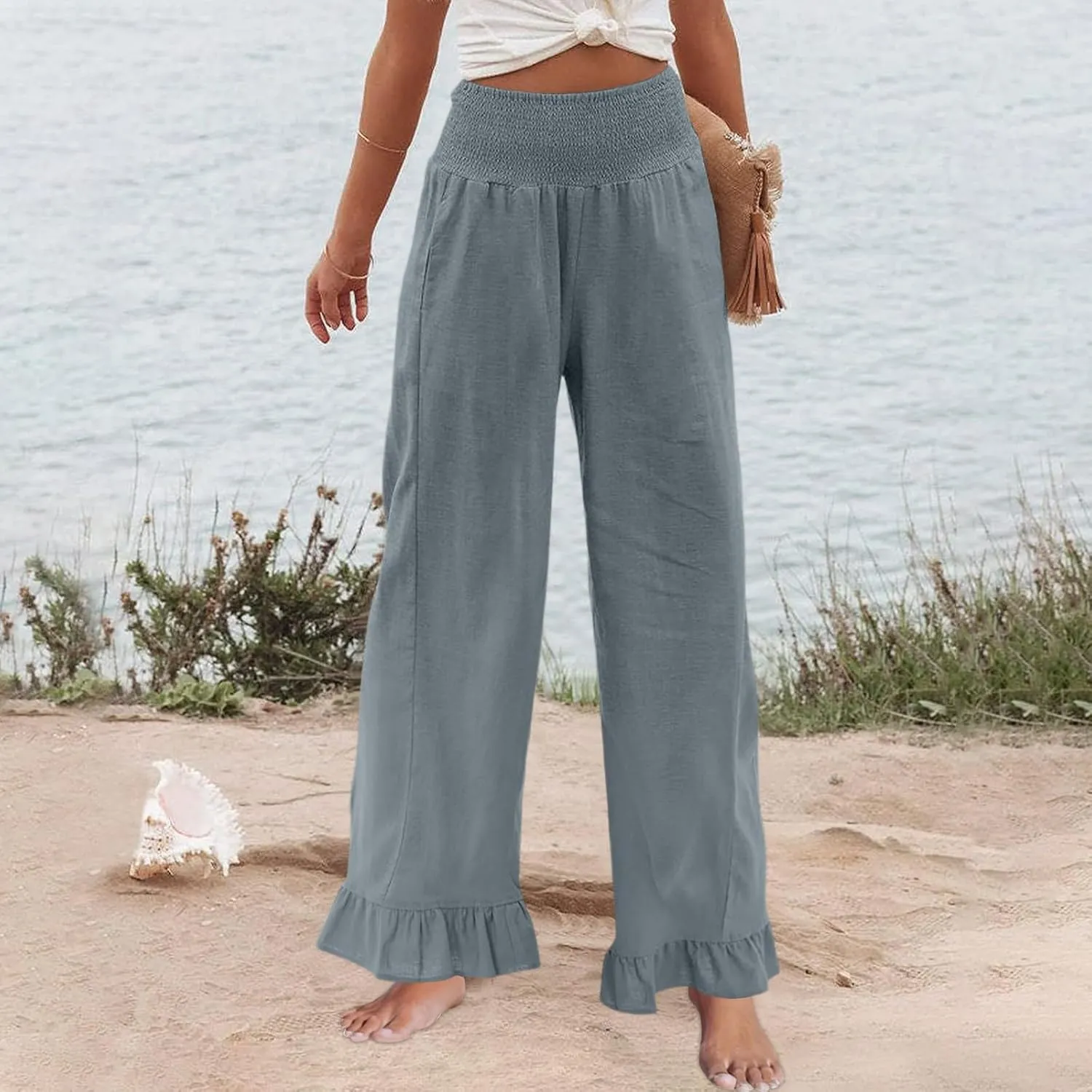 Linen Palazzo Pants for Women Casual Ruffle Hem Wide Leg Pants 2025 Pleated Waisted Summer Beach Trousers with Pockets