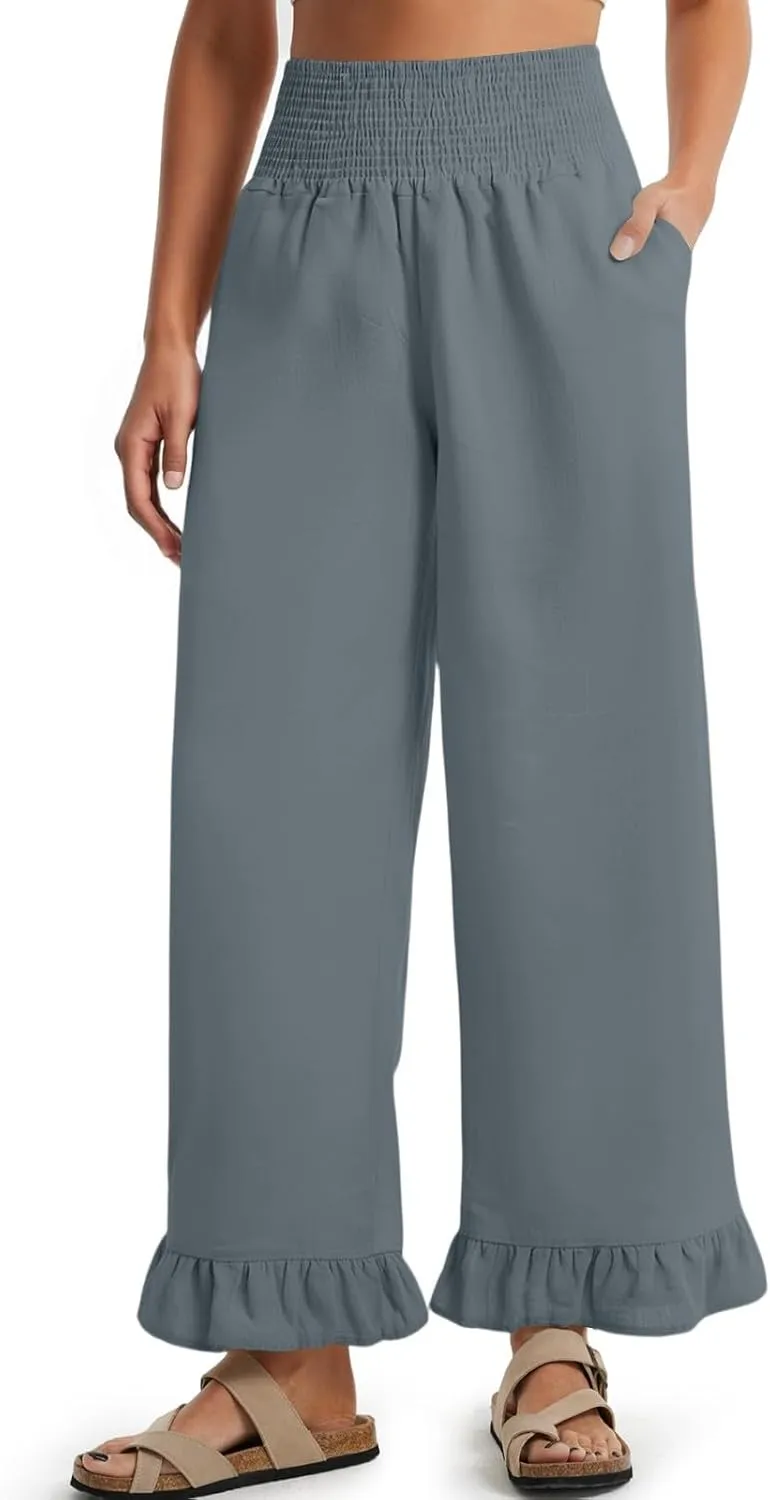 Linen Palazzo Pants for Women Casual Ruffle Hem Wide Leg Pants 2025 Pleated Waisted Summer Beach Trousers with Pockets