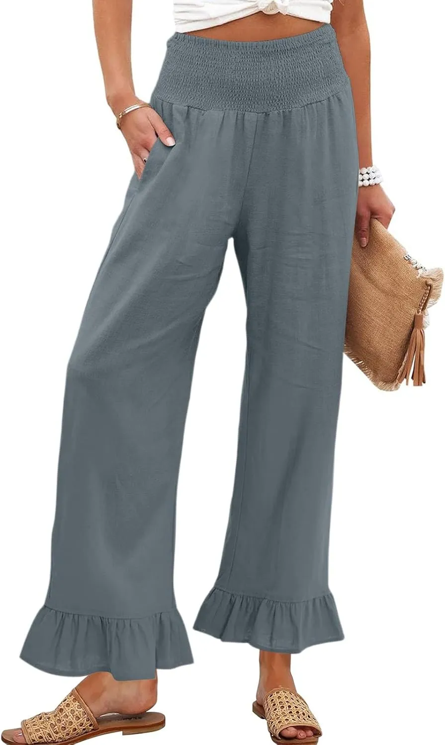 Linen Palazzo Pants for Women Casual Ruffle Hem Wide Leg Pants 2025 Pleated Waisted Summer Beach Trousers with Pockets
