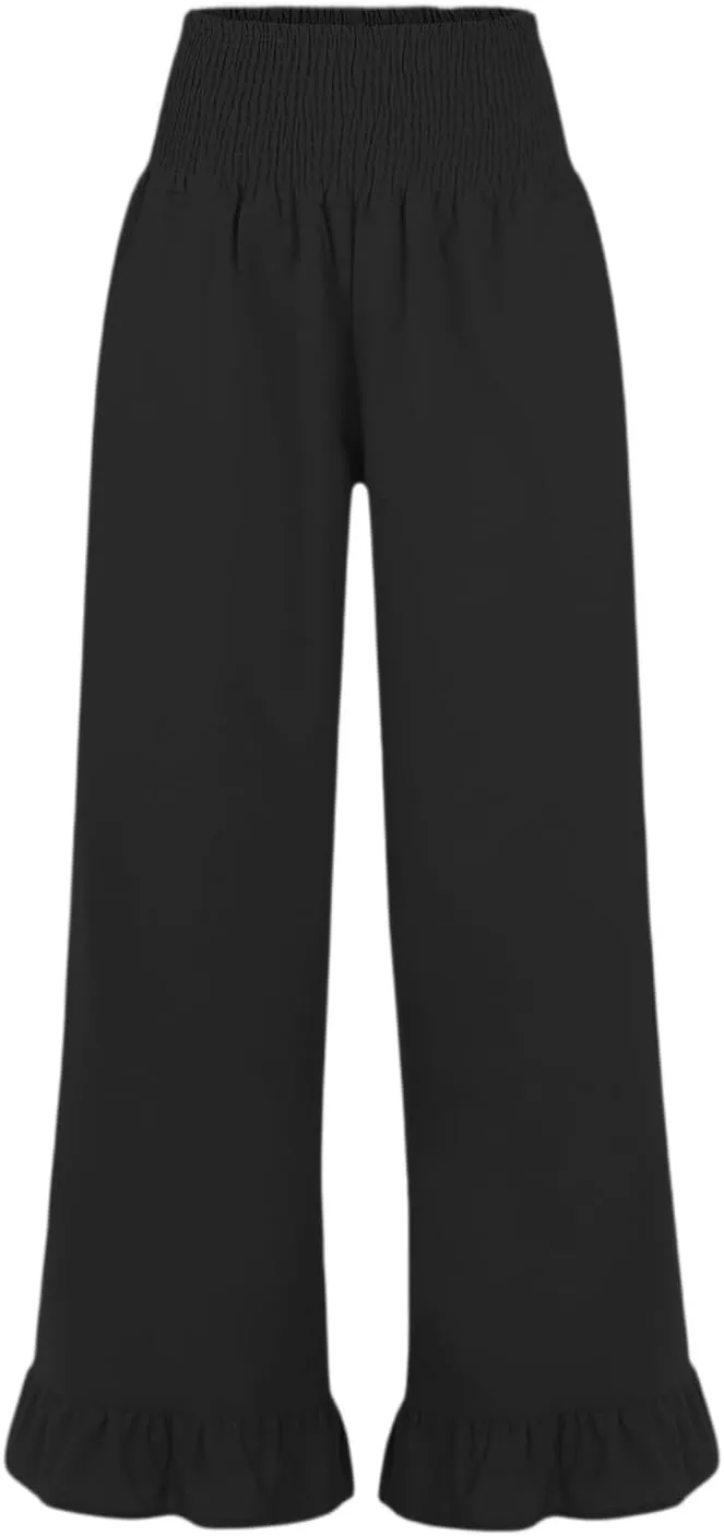 Linen Palazzo Pants for Women Casual Ruffle Hem Wide Leg Pants 2025 Pleated Waisted Summer Beach Trousers with Pockets