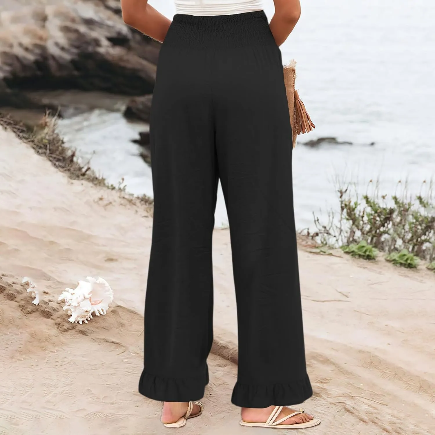 Linen Palazzo Pants for Women Casual Ruffle Hem Wide Leg Pants 2025 Pleated Waisted Summer Beach Trousers with Pockets