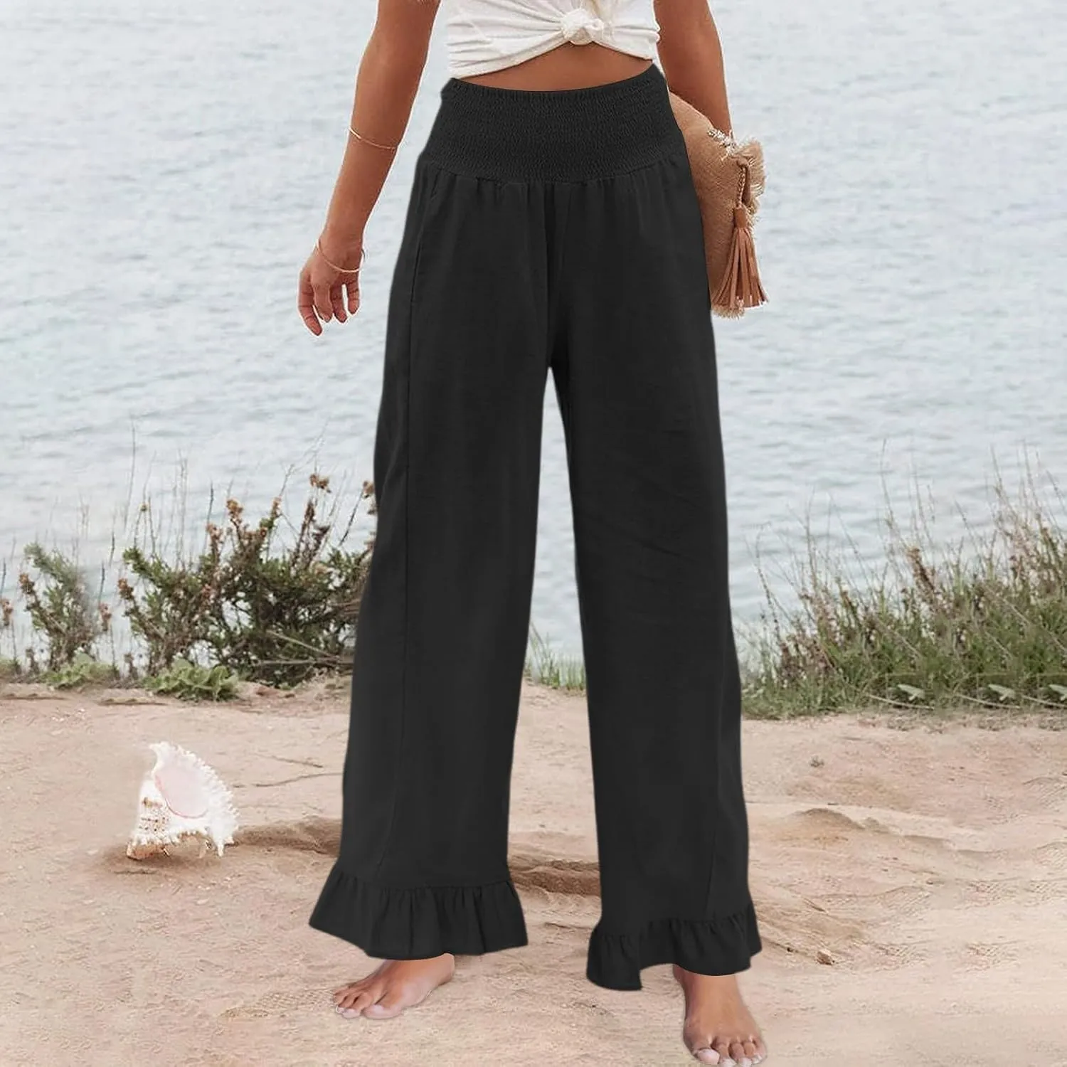 Linen Palazzo Pants for Women Casual Ruffle Hem Wide Leg Pants 2025 Pleated Waisted Summer Beach Trousers with Pockets
