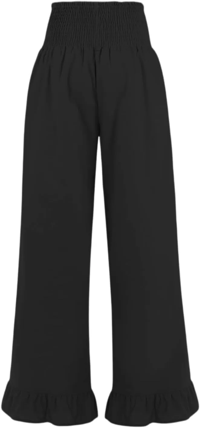 Linen Palazzo Pants for Women Casual Ruffle Hem Wide Leg Pants 2025 Pleated Waisted Summer Beach Trousers with Pockets