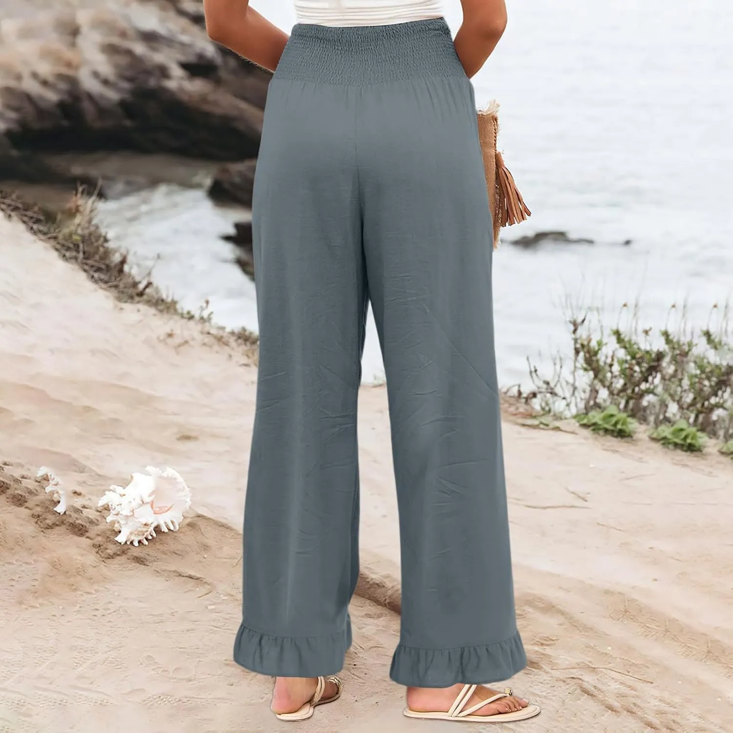 Linen Palazzo Pants for Women Casual Ruffle Hem Wide Leg Pants 2025 Pleated Waisted Summer Beach Trousers with Pockets