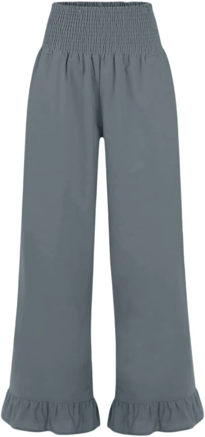 Linen Palazzo Pants for Women Casual Ruffle Hem Wide Leg Pants 2025 Pleated Waisted Summer Beach Trousers with Pockets