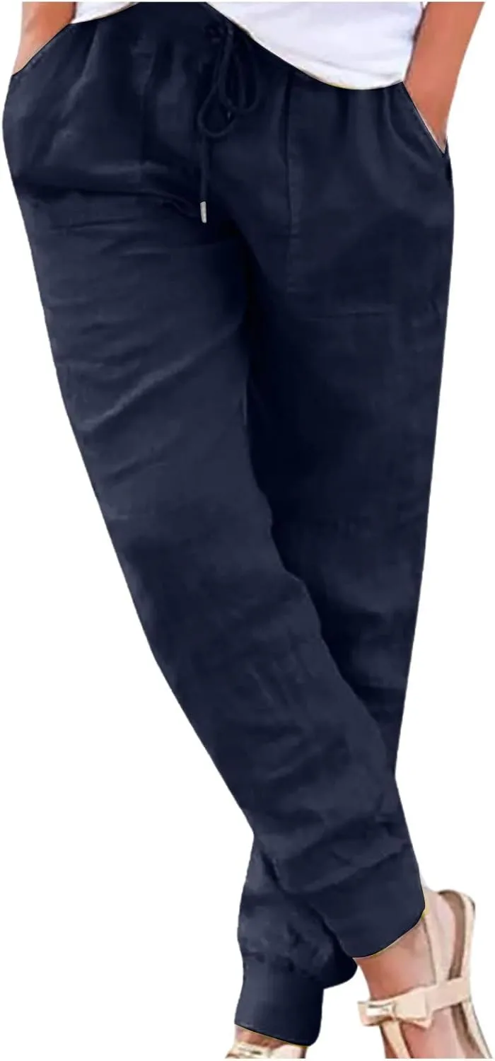 Linen Pant for Women Lightweight Elastic Waist Drawstring Joggers Pant Summer Loose Fit Tapered Trousers with Pockets