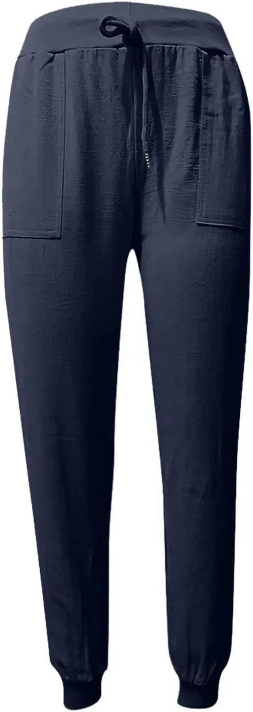 Linen Pant for Women Lightweight Elastic Waist Drawstring Joggers Pant Summer Loose Fit Tapered Trousers with Pockets