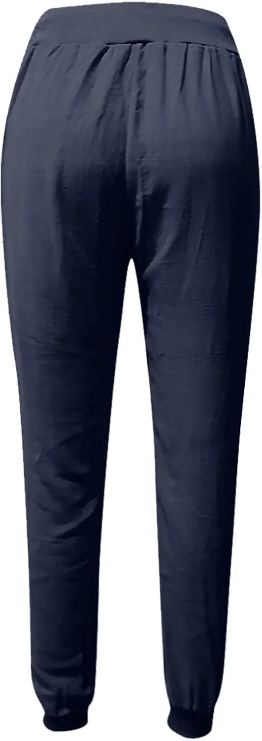 Linen Pant for Women Lightweight Elastic Waist Drawstring Joggers Pant Summer Loose Fit Tapered Trousers with Pockets