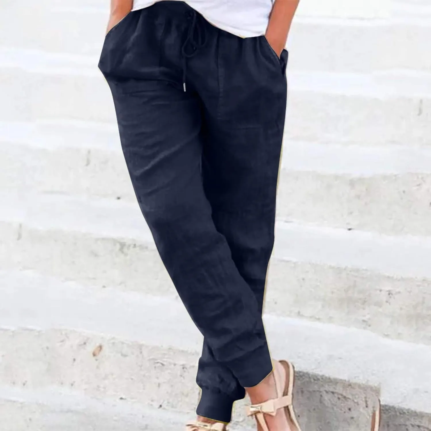 Linen Pant for Women Lightweight Elastic Waist Drawstring Joggers Pant Summer Loose Fit Tapered Trousers with Pockets