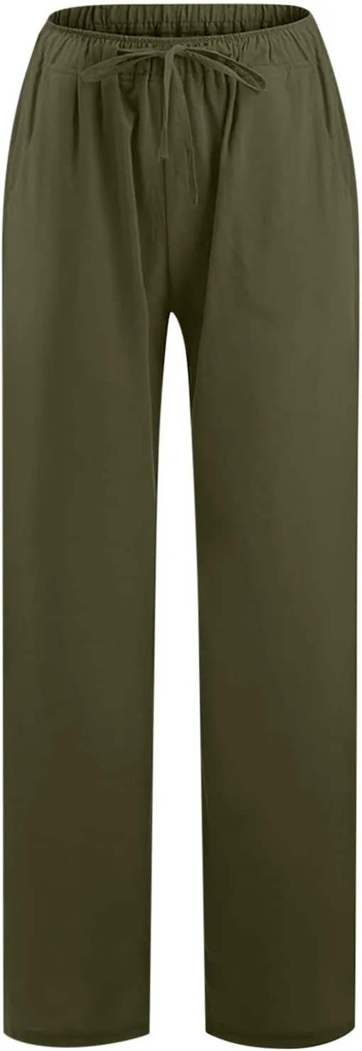 Linen Pants for Women Wide Leg Casual Pants Elastic High Waist Drawstring Loose Fit Palazzo Trousers with Pockets
