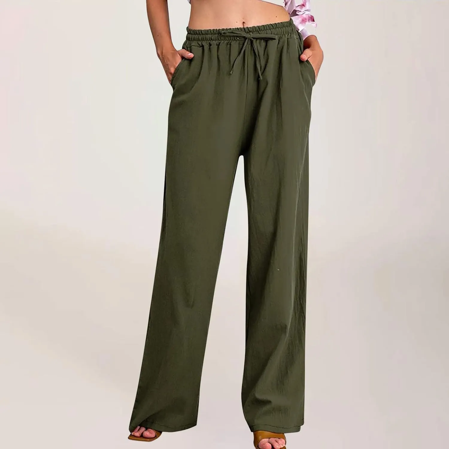 Linen Pants for Women Wide Leg Casual Pants Elastic High Waist Drawstring Loose Fit Palazzo Trousers with Pockets