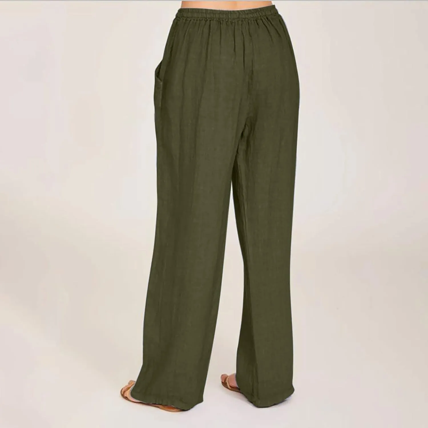 Linen Pants for Women Wide Leg Casual Pants Elastic High Waist Drawstring Loose Fit Palazzo Trousers with Pockets