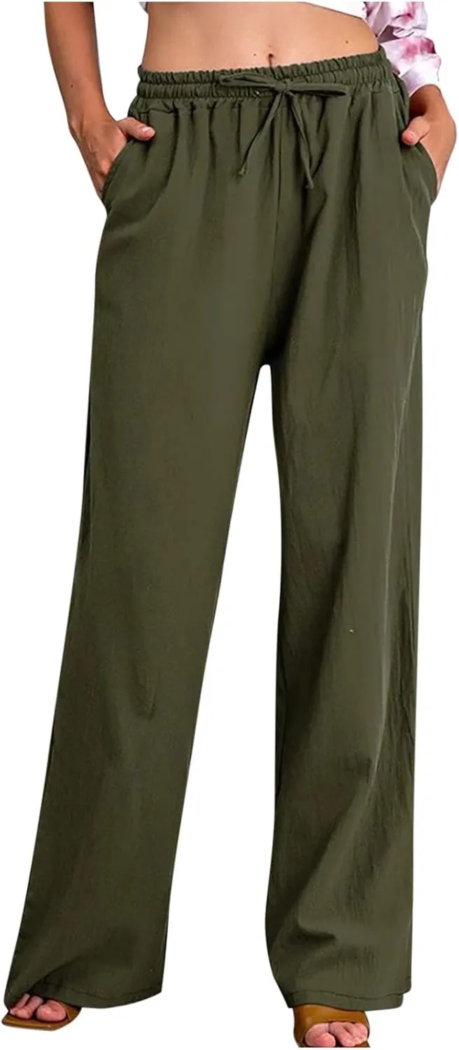 Linen Pants for Women Wide Leg Casual Pants Elastic High Waist Drawstring Loose Fit Palazzo Trousers with Pockets