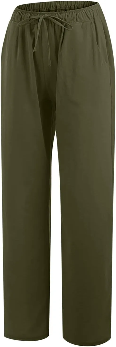 Linen Pants for Women Wide Leg Casual Pants Elastic High Waist Drawstring Loose Fit Palazzo Trousers with Pockets