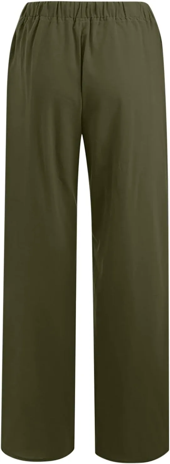 Linen Pants for Women Wide Leg Casual Pants Elastic High Waist Drawstring Loose Fit Palazzo Trousers with Pockets