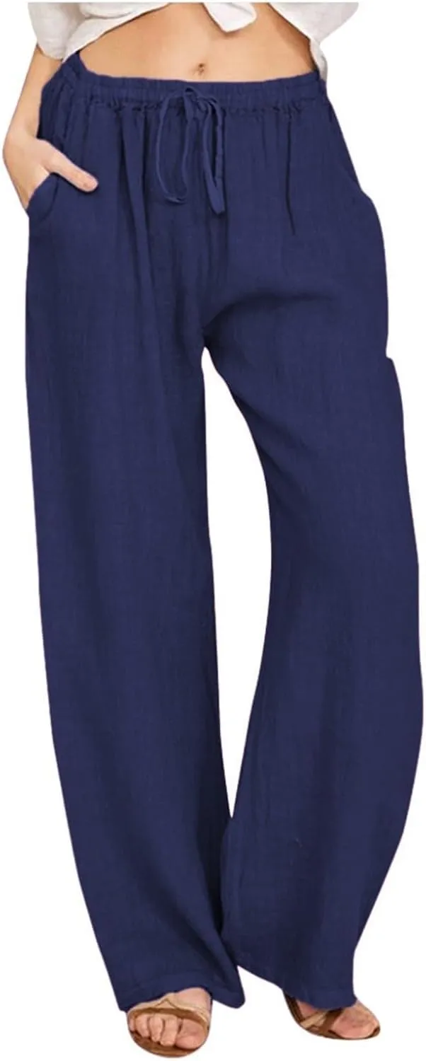 Linen Pants Women Wide Leg Yoga Pants with Pockets Elastic High Waisted Summer Casual Palazzo Pants Flowy Beach Pants