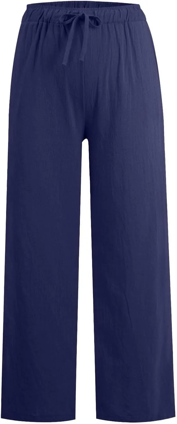 Linen Pants Women Wide Leg Yoga Pants with Pockets Elastic High Waisted Summer Casual Palazzo Pants Flowy Beach Pants