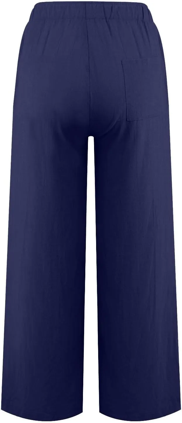Linen Pants Women Wide Leg Yoga Pants with Pockets Elastic High Waisted Summer Casual Palazzo Pants Flowy Beach Pants