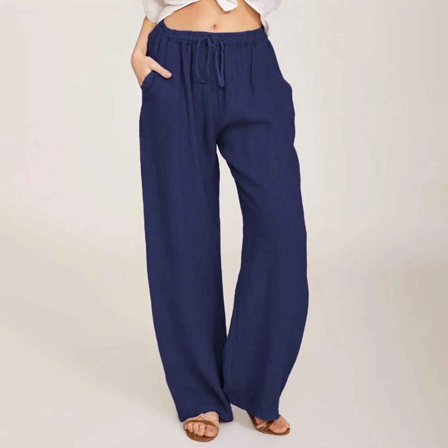 Linen Pants Women Wide Leg Yoga Pants with Pockets Elastic High Waisted Summer Casual Palazzo Pants Flowy Beach Pants