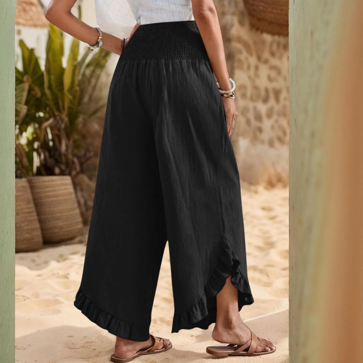 Linen Wide Leg Pants for Women 2025 Stretch Smocked High Waisted Ruffle Hem Palazzo Pants Summer Casual Beach Pant