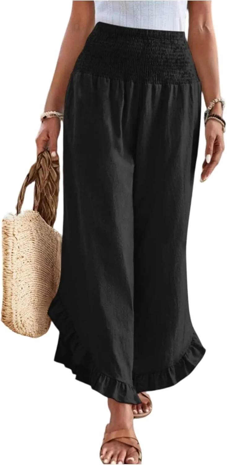 Linen Wide Leg Pants for Women 2025 Stretch Smocked High Waisted Ruffle Hem Palazzo Pants Summer Casual Beach Pant