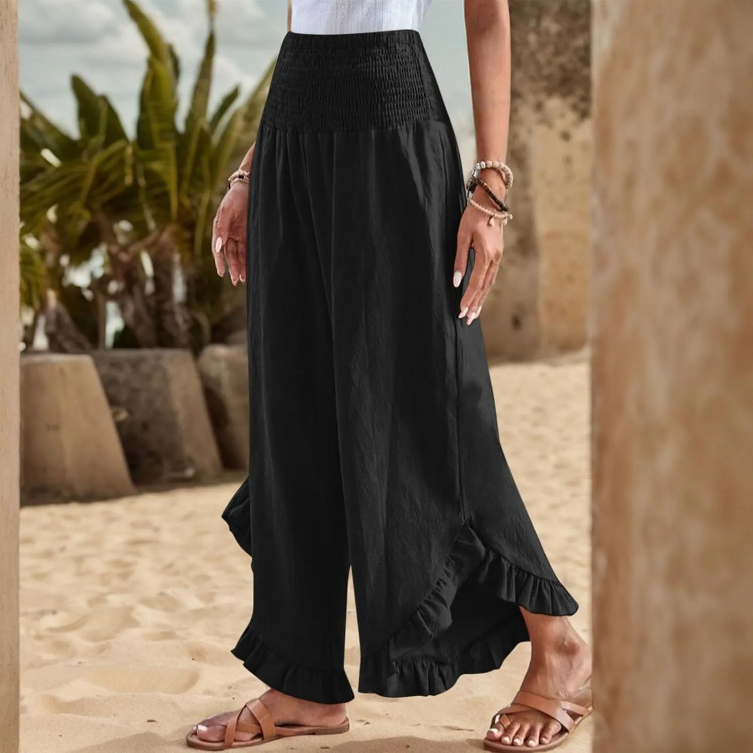 Linen Wide Leg Pants for Women 2025 Stretch Smocked High Waisted Ruffle Hem Palazzo Pants Summer Casual Beach Pant