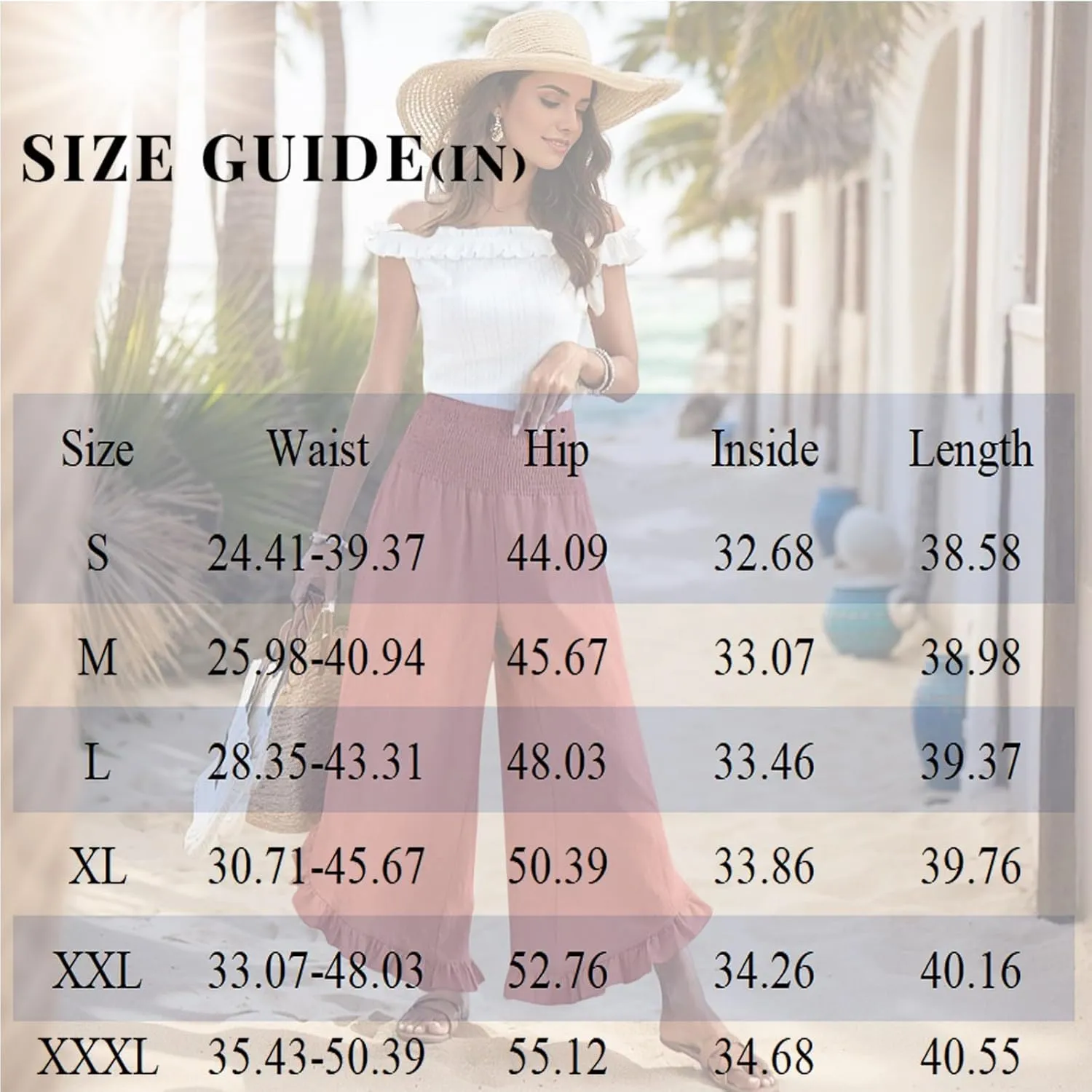 Linen Wide Leg Pants for Women 2025 Stretch Smocked High Waisted Ruffle Hem Palazzo Pants Summer Casual Beach Pant