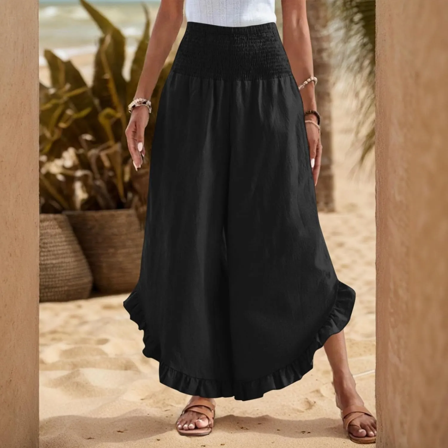 Linen Wide Leg Pants for Women 2025 Stretch Smocked High Waisted Ruffle Hem Palazzo Pants Summer Casual Beach Pant