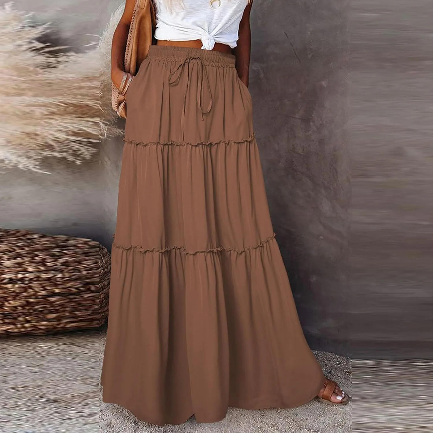 Long Skirts for Women Trendy Pleated Maxi Skirt Casual Drawstring High Waisted Flowy Tiered Long Skirt with Pockets