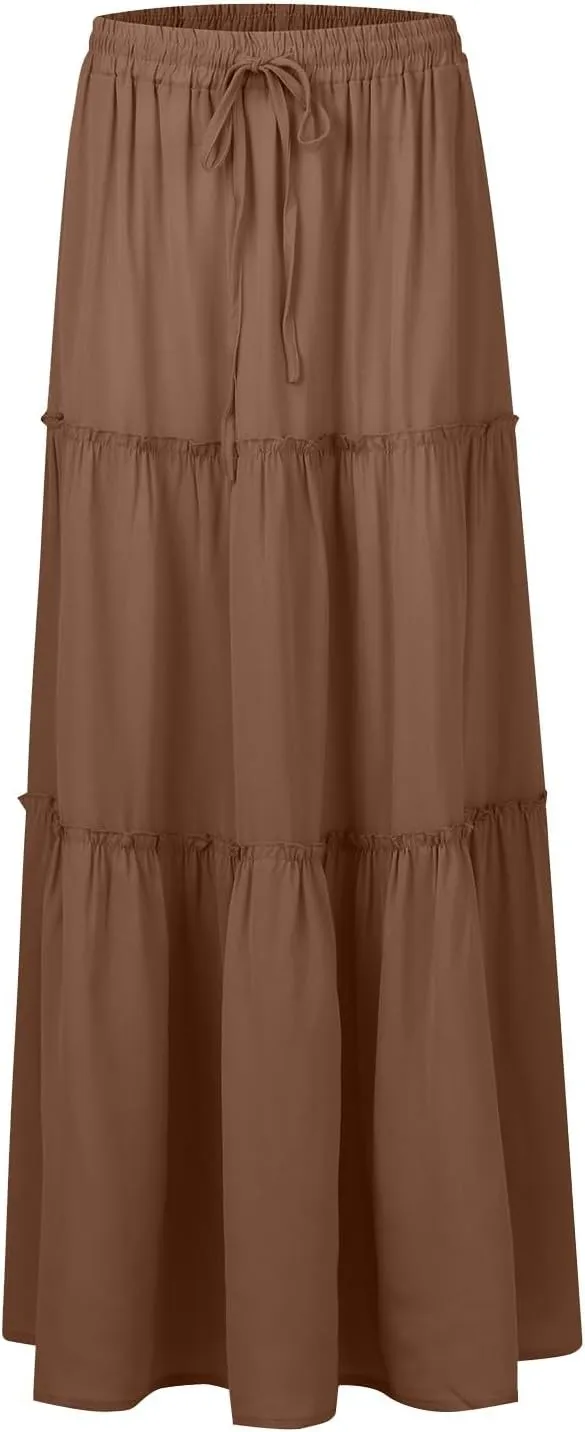 Long Skirts for Women Trendy Pleated Maxi Skirt Casual Drawstring High Waisted Flowy Tiered Long Skirt with Pockets