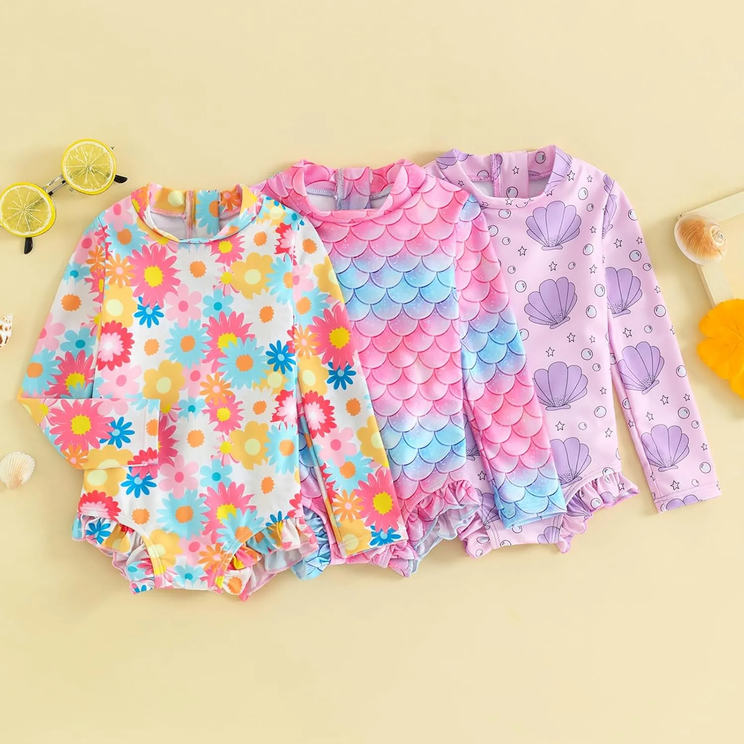MAYUMMPY Toddler Baby Girls Bikini Beach Swimwear Zipper Swimsuit UPF 50  Rash Guard One Piece Long Sleeve Bathing Suit
